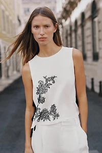 FLORAL EMBROIDERED TIE TOP