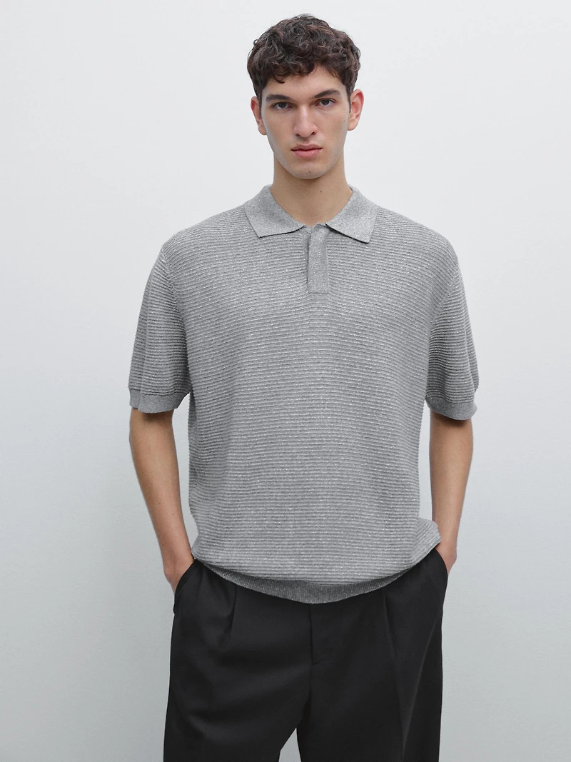 Linen and cotton blend knit polo shirt with short sleeves