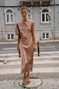 ASYMMETRIC SLEEVE SATIN EFFECT MIDI DRESS