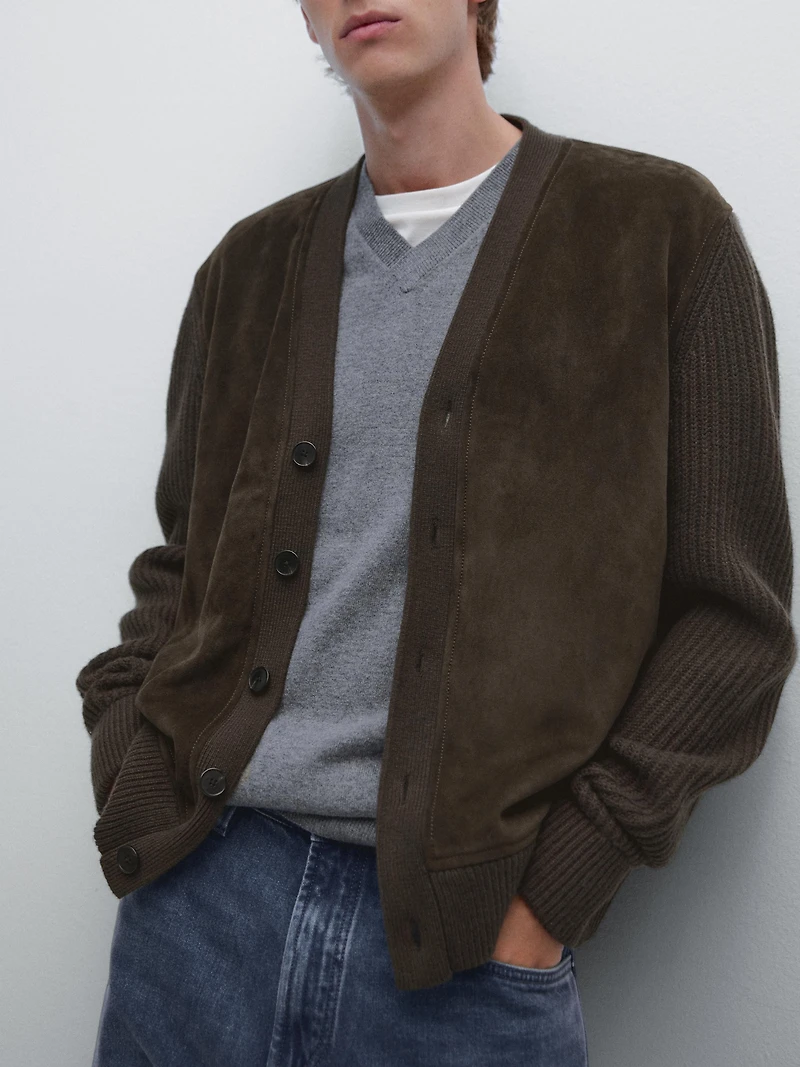 Wool and leather blend knit cardigan