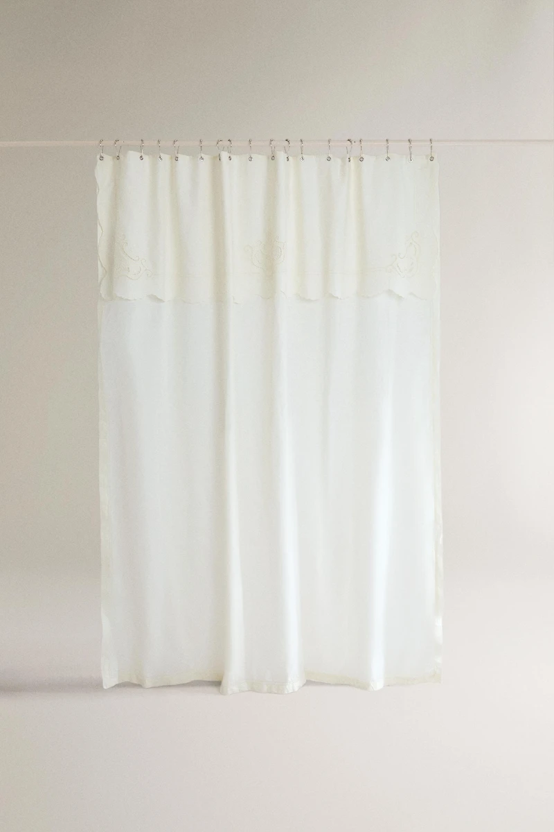 EMBROIDERED LINEN AND COTTON SHOWER CURTAIN