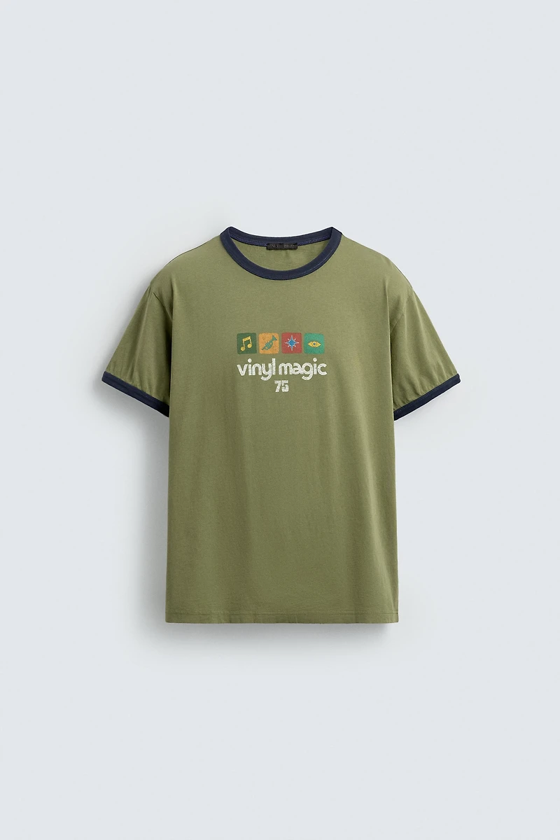 WASHED PRINT CONTRAST RIB T-SHIRT