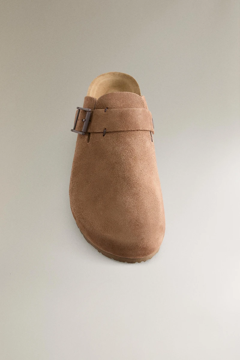 LEATHER MULE CLOG SLIPPERS WITH BUCKLE AND TOPSTITCHING DETAIL