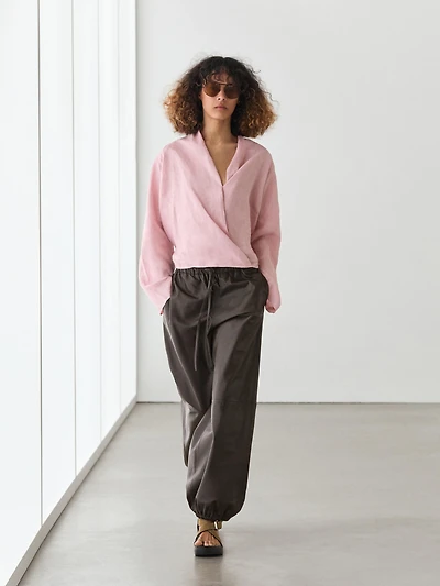 Flowing loose-fitting linen wrap blouse