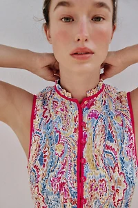 PRINTED EMBROIDERED EYELET TOP