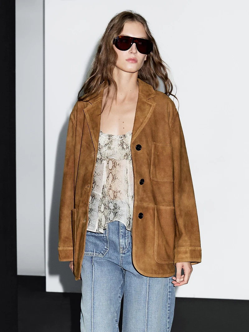 Suede leather blazer with pockets