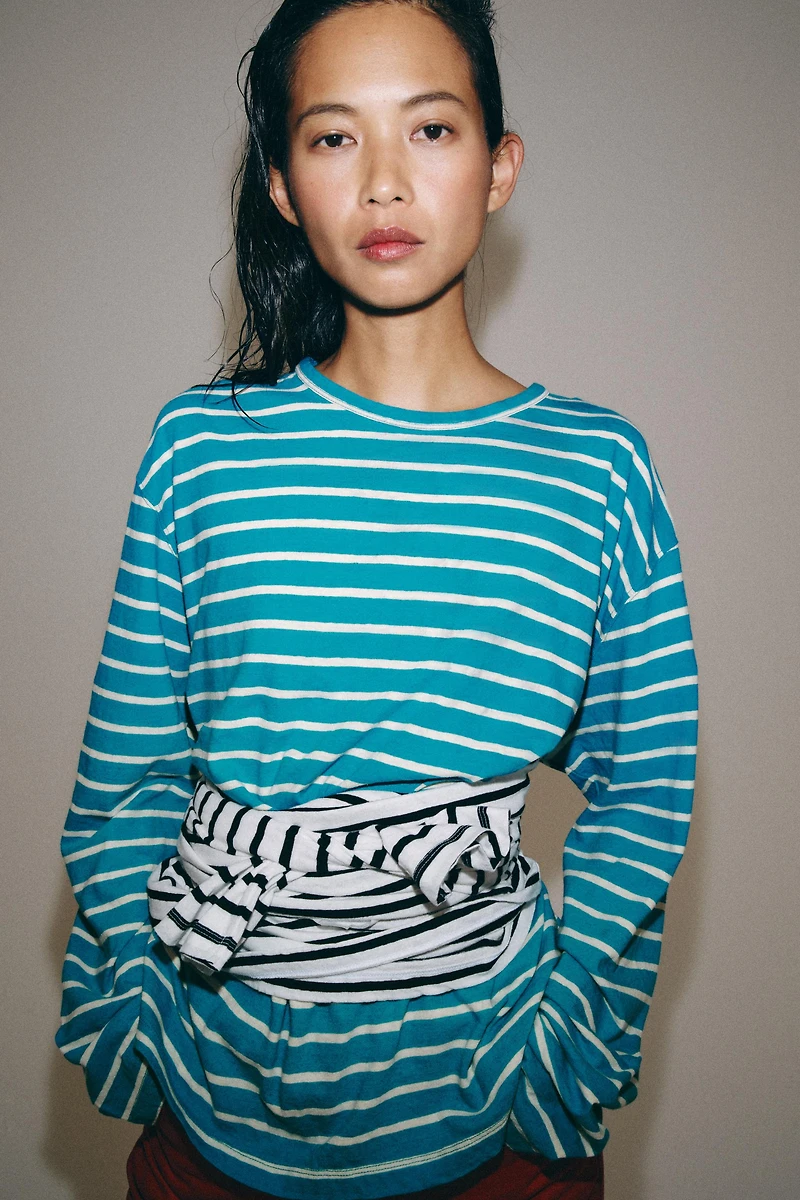 STRIPED COTTON AND LINEN T-SHIRT