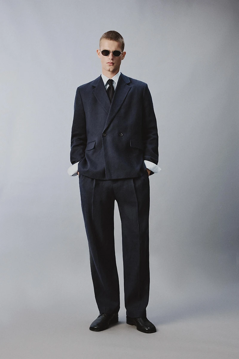 LINEN COTTON BLEND PLEATED SUIT PANTS
