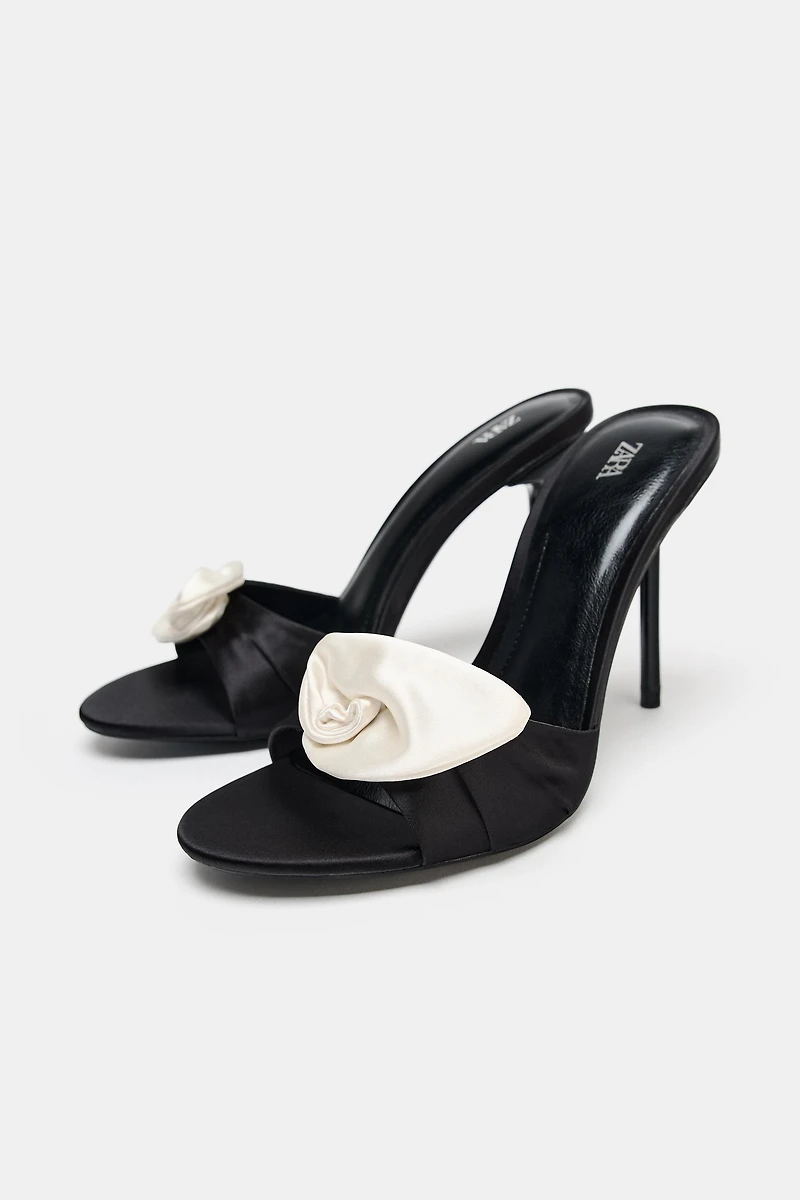 SATIN EFFECT FLOWER HEELED SANDALS