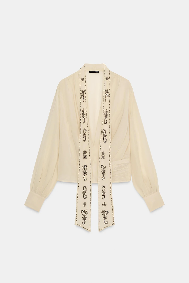 BEADED GEORGETTE SCARF SHIRT