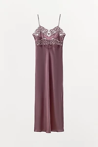 SATIN EFFECT EMBROIDERED LACE DRESS
