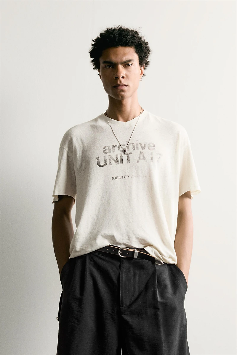 WASHED COTTON-LINEN T-SHIRT WITH TEXT