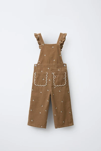 EMBROIDERED FLOWER CORDUROY LONG OVERALLS
