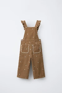 EMBROIDERED FLOWER CORDUROY LONG OVERALLS