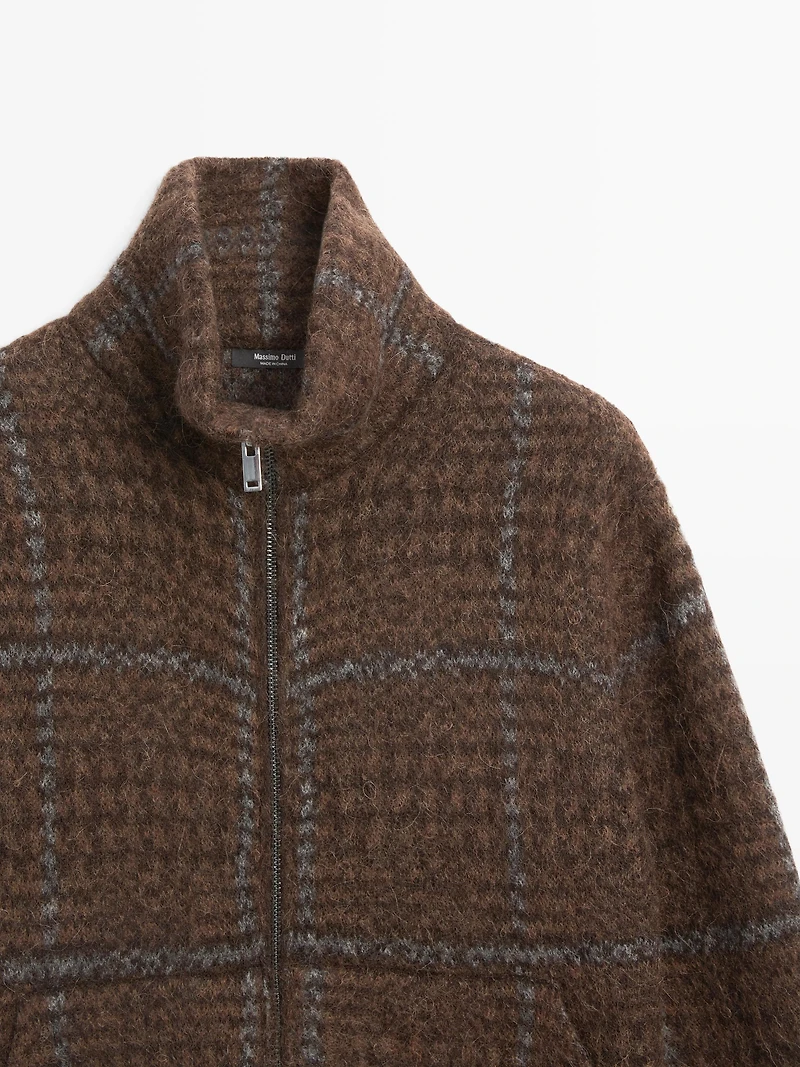 Check knit alpaca and felt texture cardigan