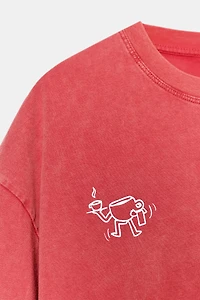 CUT PRINT WASHED EFFECT T-SHIRT