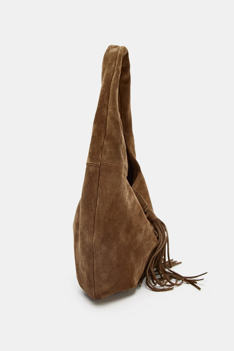 SPLIT LEATHER SHOULDER BAG WITH FRINGES