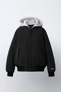 RUBBERIZED BOMBER JACKET WITH REMOVABLE FLEECE HOODIE