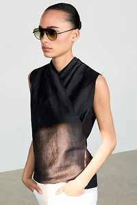 Linen blend sleeveless crossover top