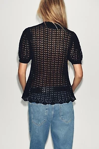 POINTELLE KNIT POLO COLLAR TOP