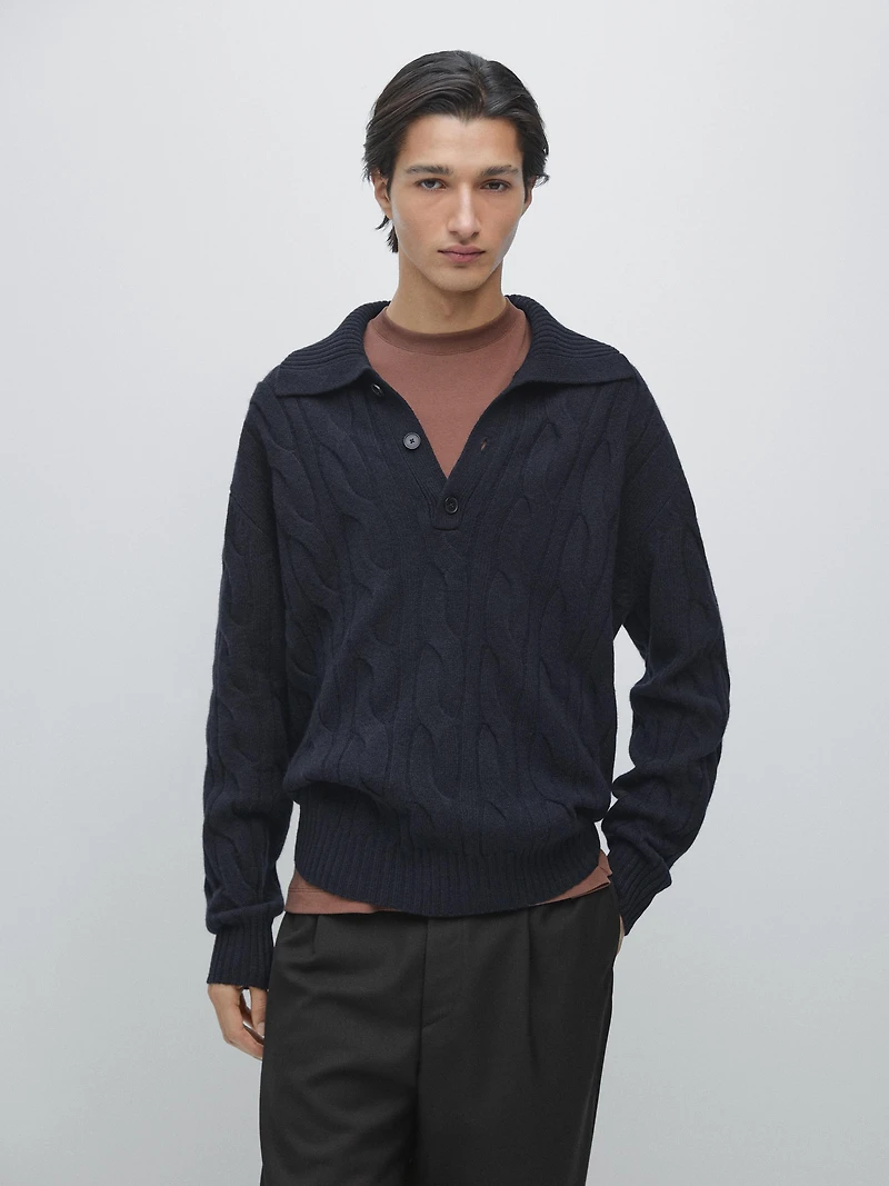 Pull polo en maille de laine tressée
