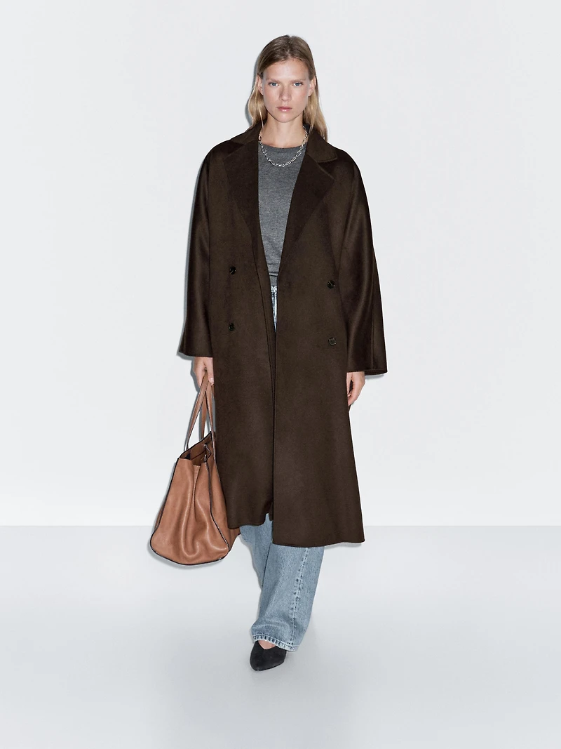 Long double-breasted wool blend coat