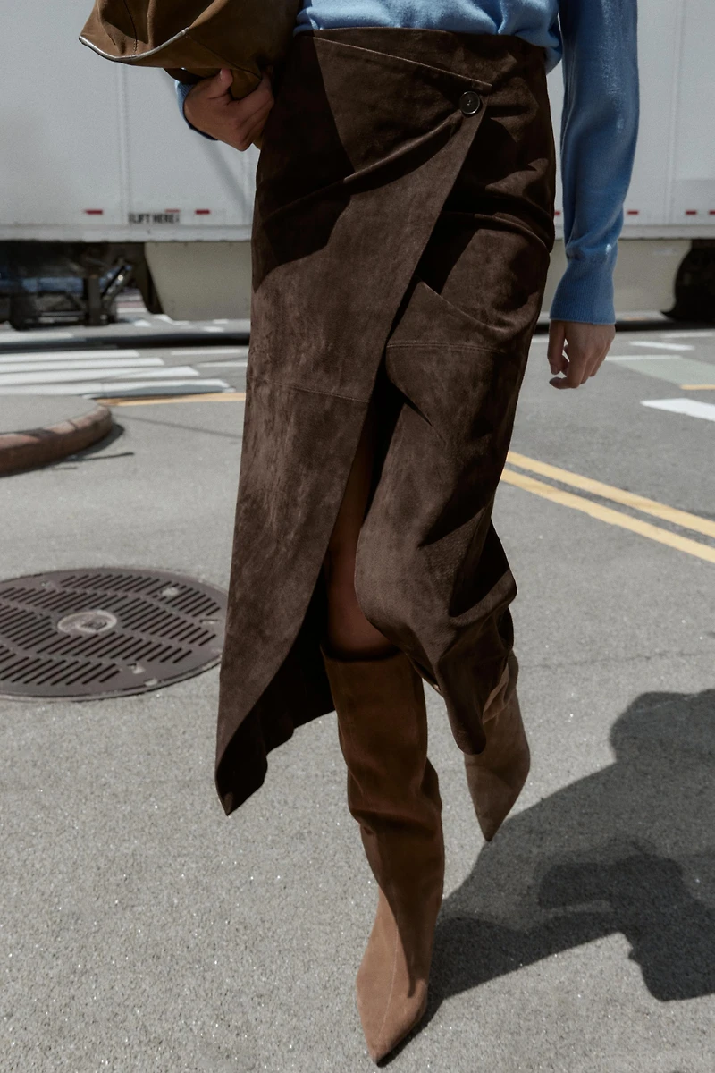 100% LEATHER WRAP MIDI SKIRT