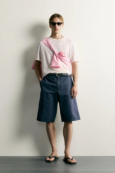 COTTON-LINEN RELAXED FIT CARGO SHORTS
