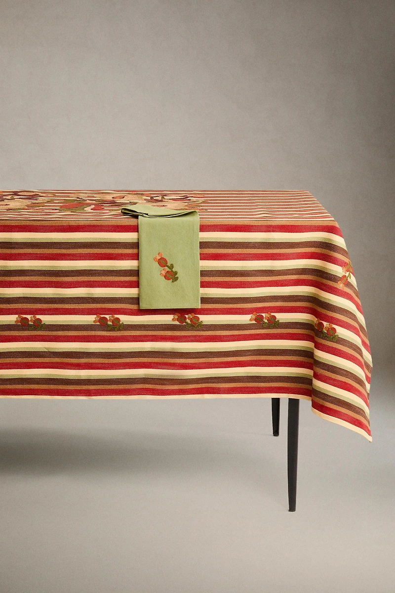 STRIPED AND FLORAL EMBROIDERY TABLECLOTH