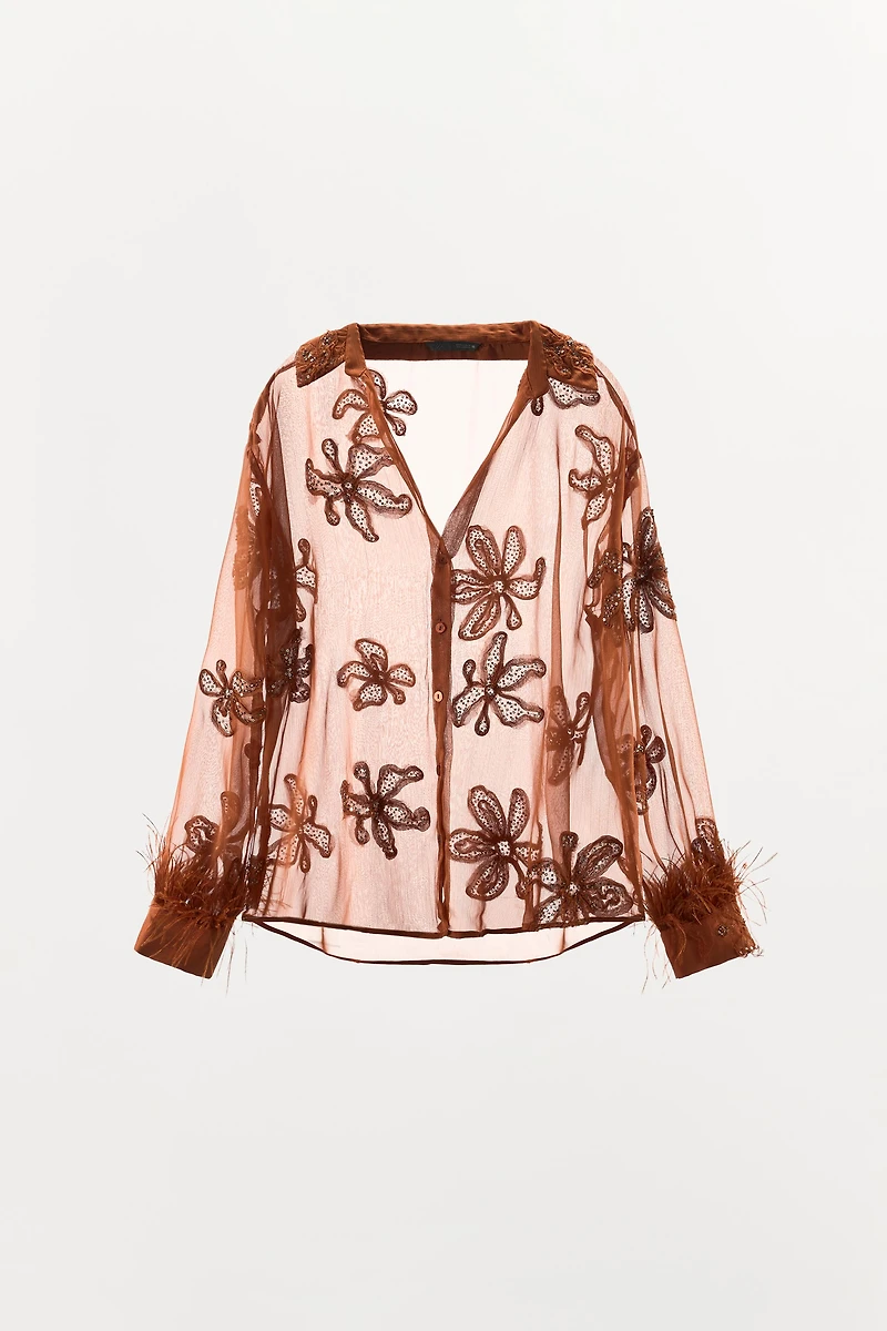 SEMI-SHEER SEQUIN FEATHER SHIRT
