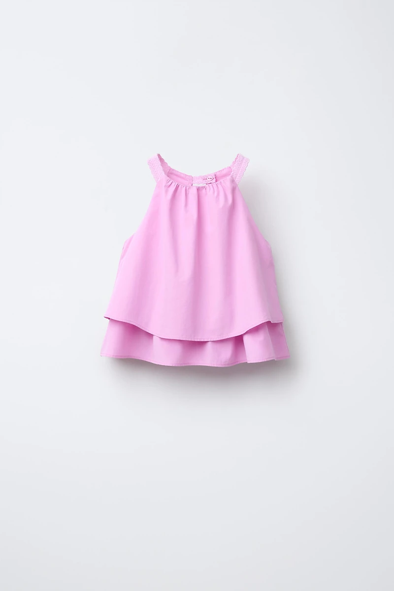 TOP EN POPELINE DOUBLE VOLANT DENTELLE