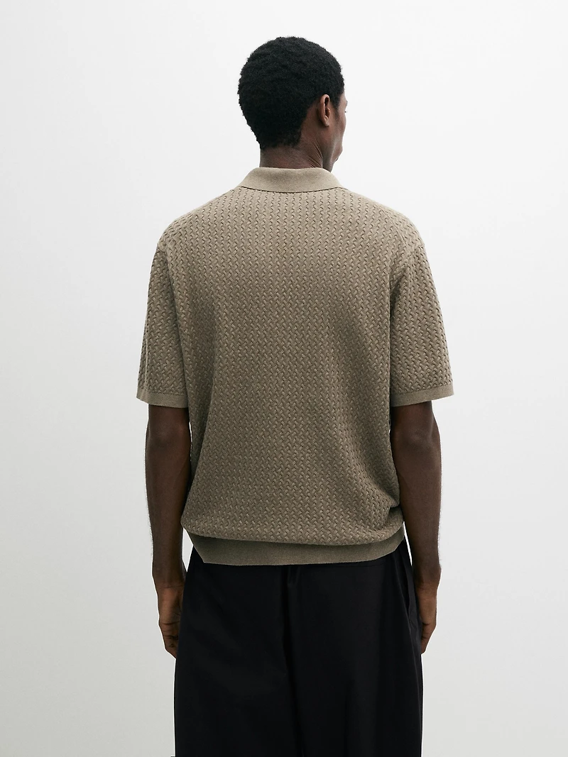 Cable-knit V-neck polo shirt