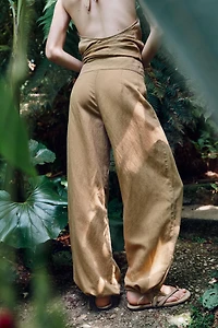 LINEN DRAWSTRING WIDE LEG PANTS