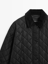 Long lightweight puffer jacket with corduroy detail