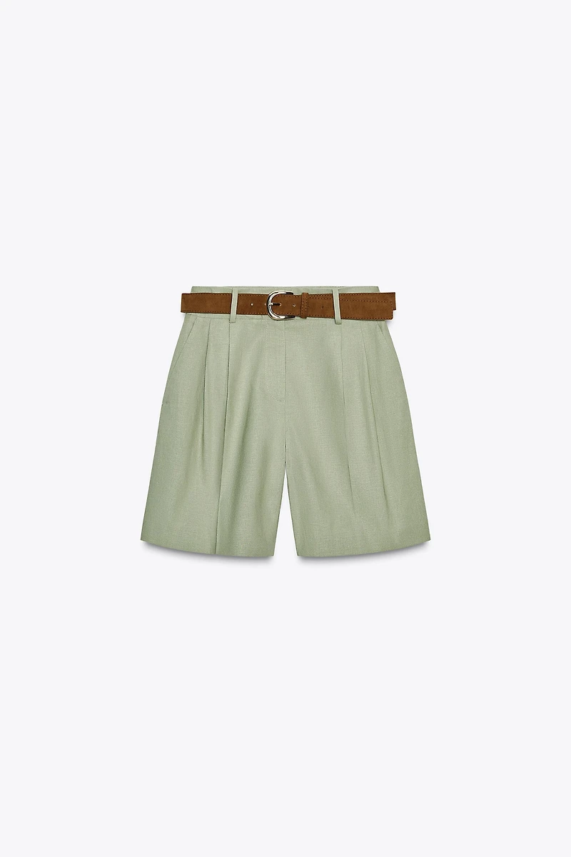 LINEN PLEATED BELTED BERMUDA SHORTS