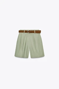 LINEN PLEATED BELTED BERMUDA SHORTS