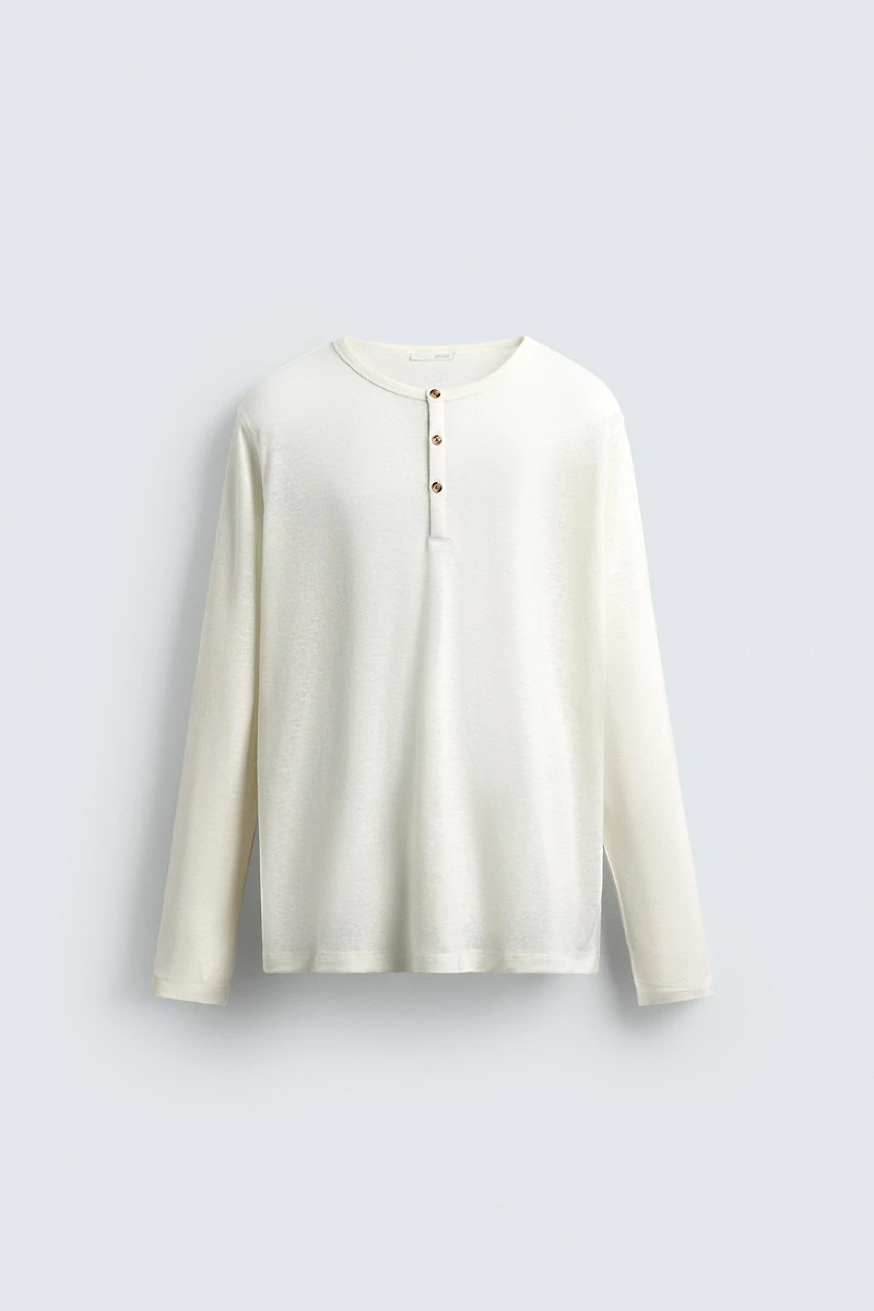 HEMP-VISCOSE BUTTON NECK T-SHIRT