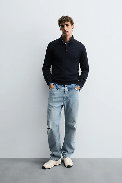 100% WOOL BUTTON NECK SWEATER