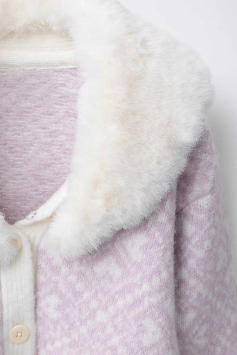 JACQUARD KNIT CARDIGAN WITH DETACHABLE FAUX FUR COLLAR SKI COLLECTION