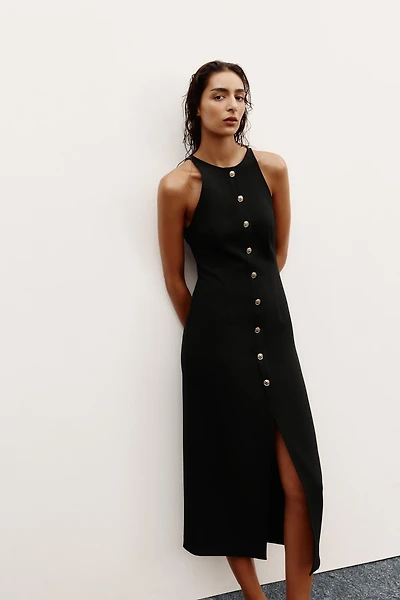 GOLD BUTTON CREPE MIDI DRESS