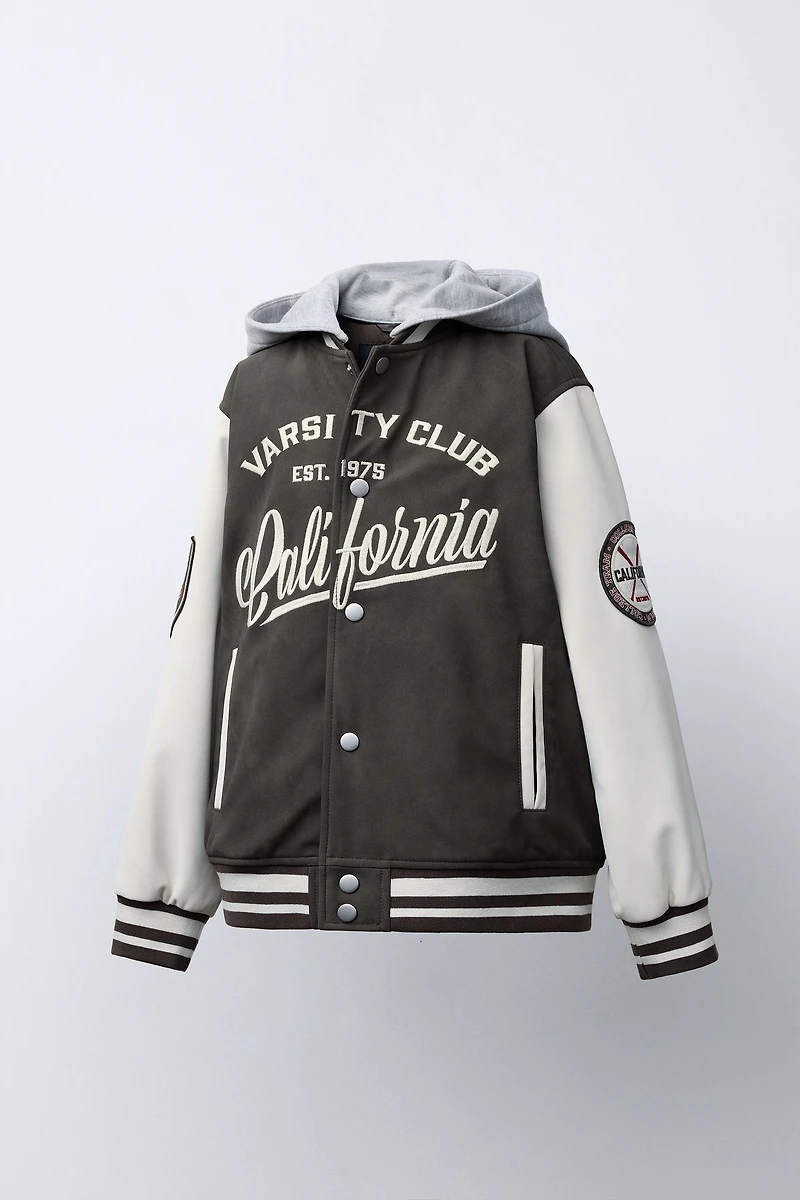 HOODIE BOMBER JACKET WITH FAUX LEATHER SLEEVES