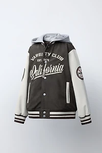 HOODIE BOMBER JACKET WITH FAUX LEATHER SLEEVES