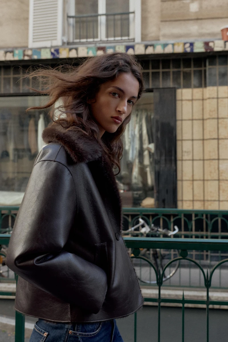 REVERSIBLE DOUBLE FACED FAUX LEATHER JACKET