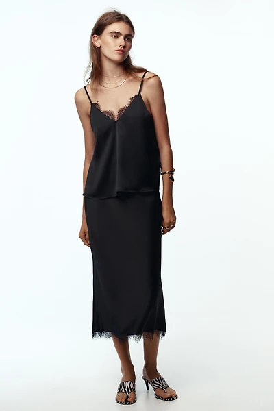 SATIN MIDI LACE SKIRT