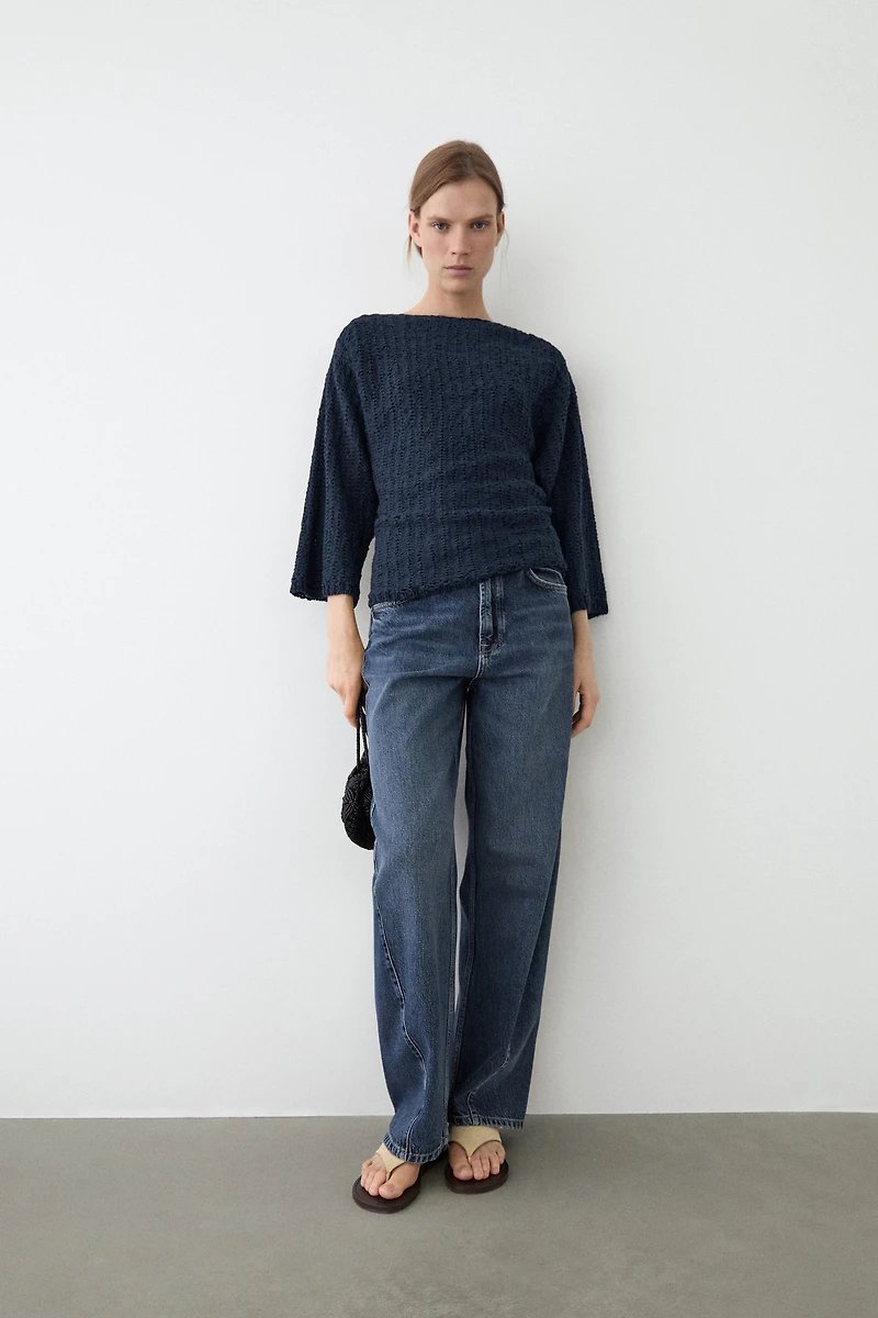 Textured cotton blend knit sweater