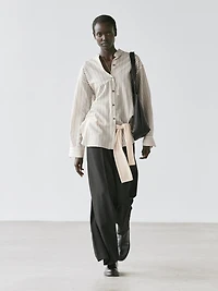 Striped flowing shirt with stand collar