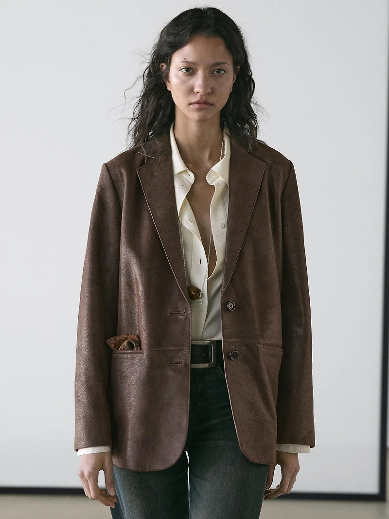 Suede leather blazer with lapel collar