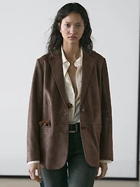 Suede leather blazer with lapel collar