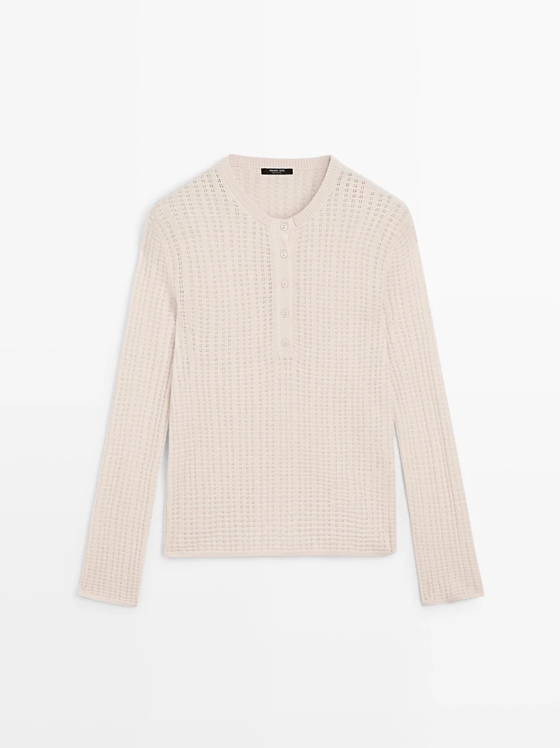 Cutwork wool blend henley sweater