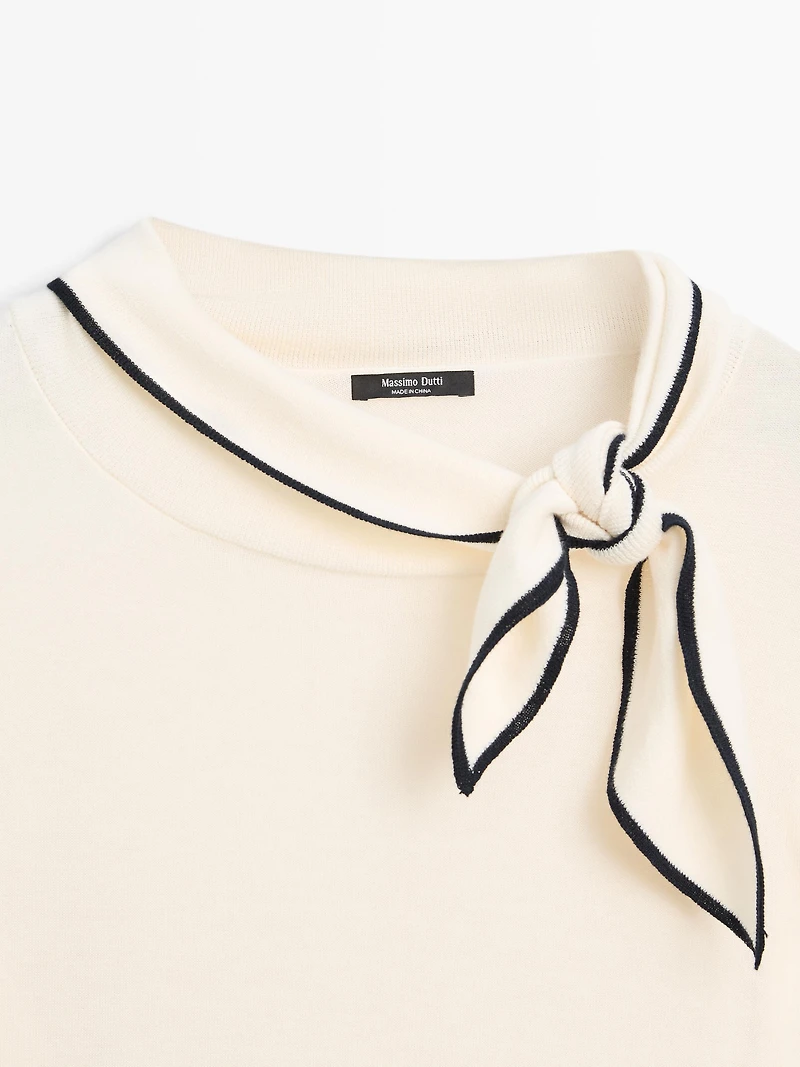 Cotton knit sweater with scarf detail